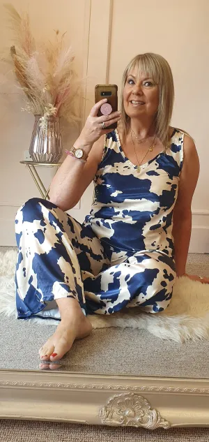 Cow Print Vest Top - Navy/Cream