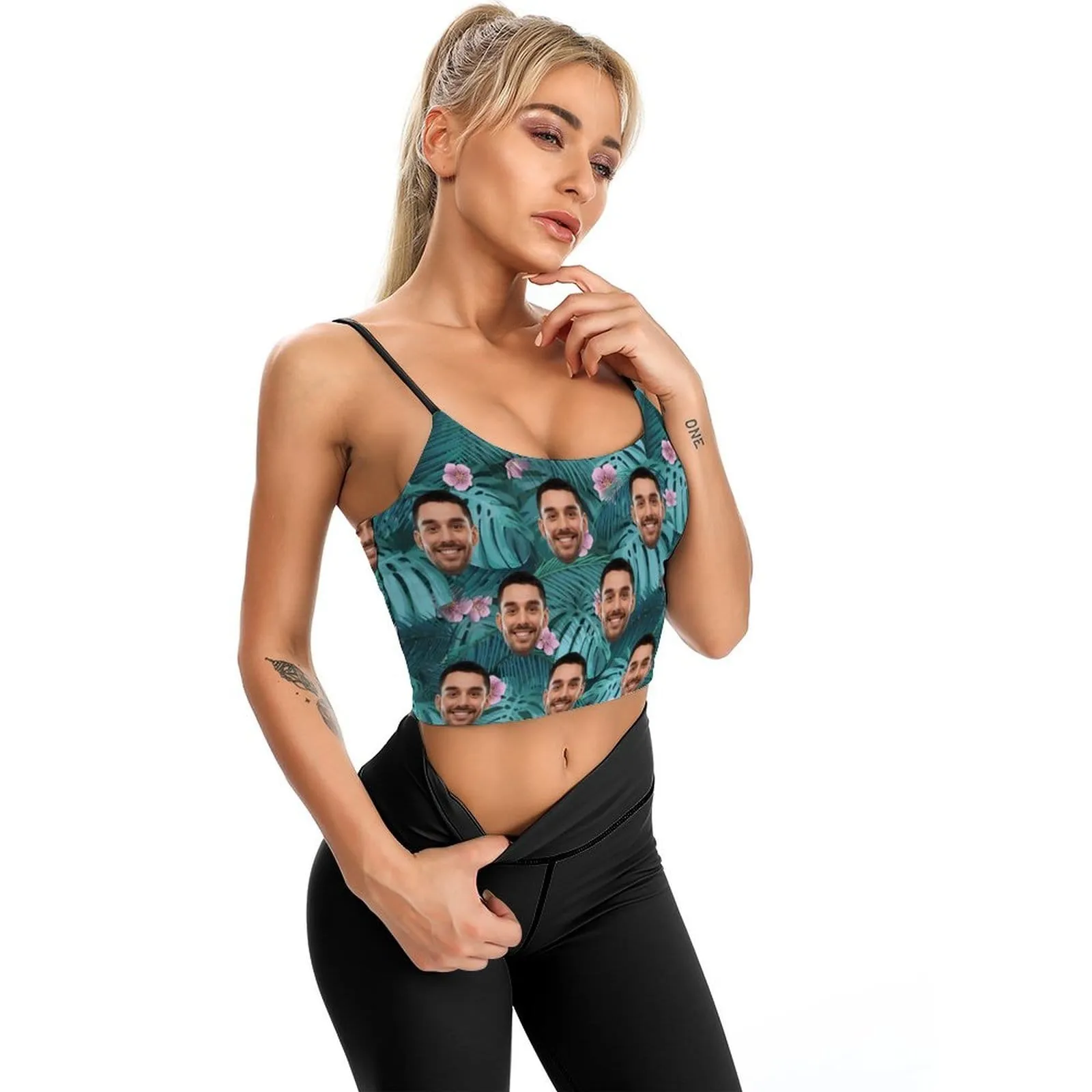Custom Face Crop Tops Tropical Plants Leopard Women's Crop Camisole Top (With Chest Pad)