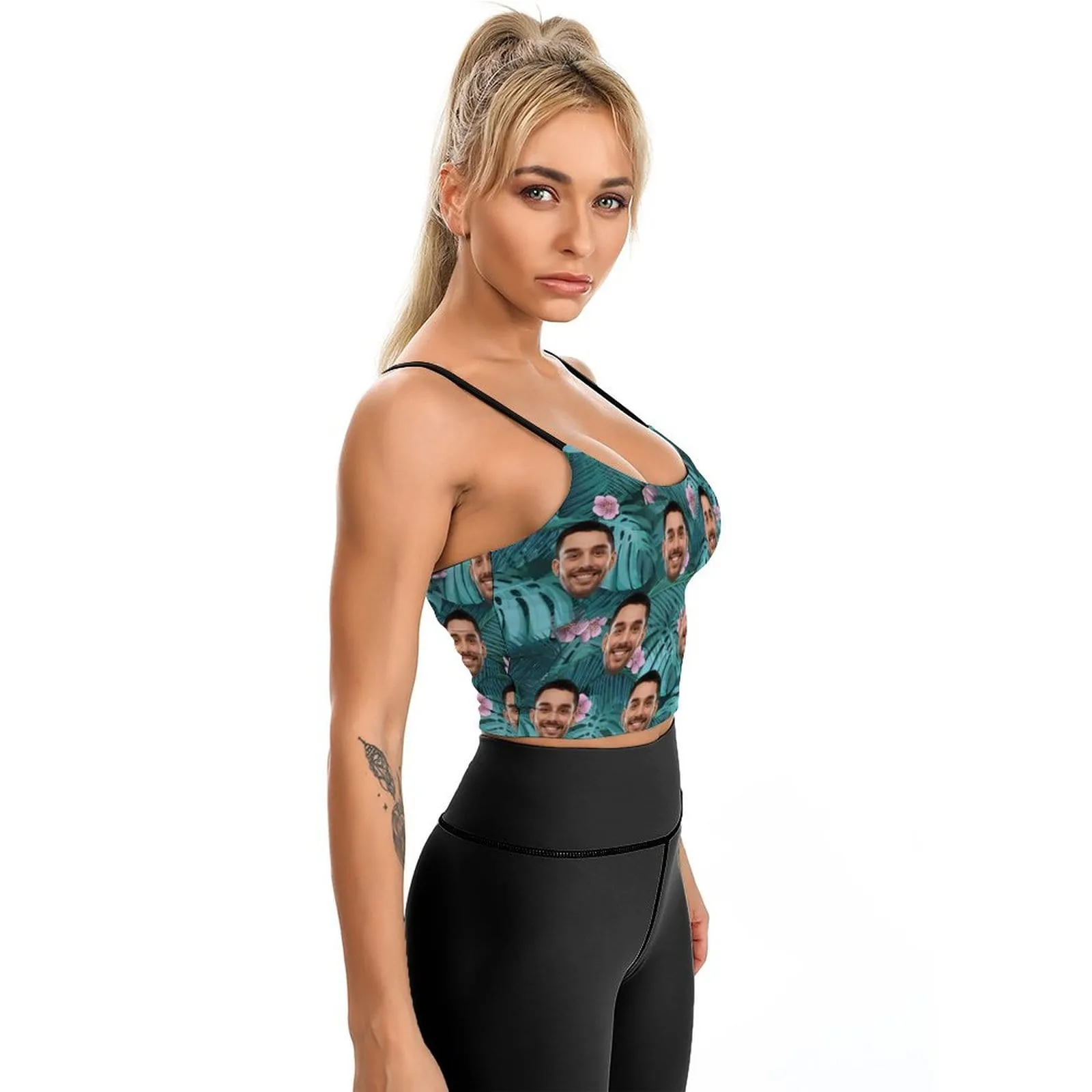 Custom Face Crop Tops Tropical Plants Leopard Women's Crop Camisole Top (With Chest Pad)