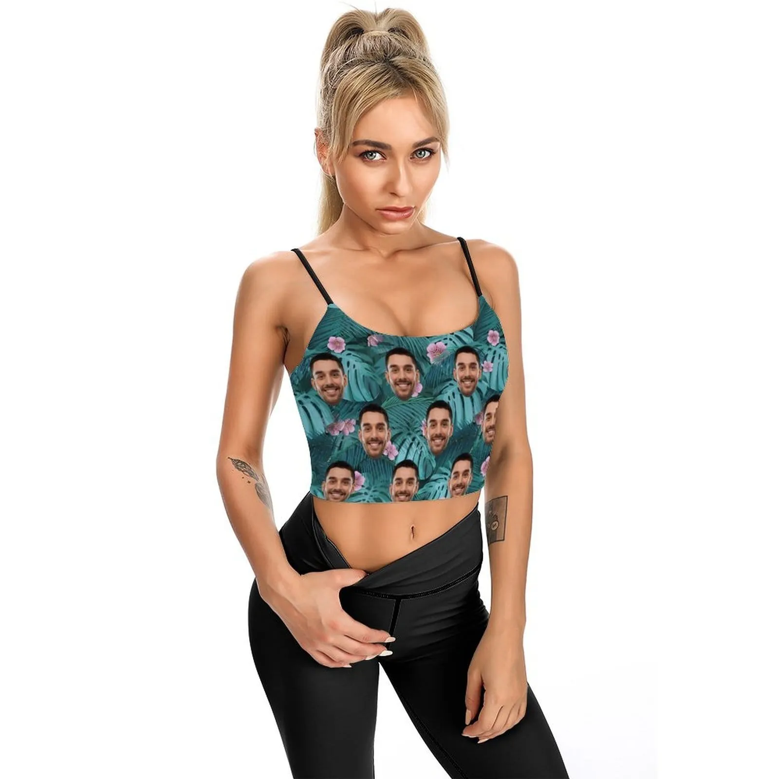 Custom Face Crop Tops Tropical Plants Leopard Women's Crop Camisole Top (With Chest Pad)