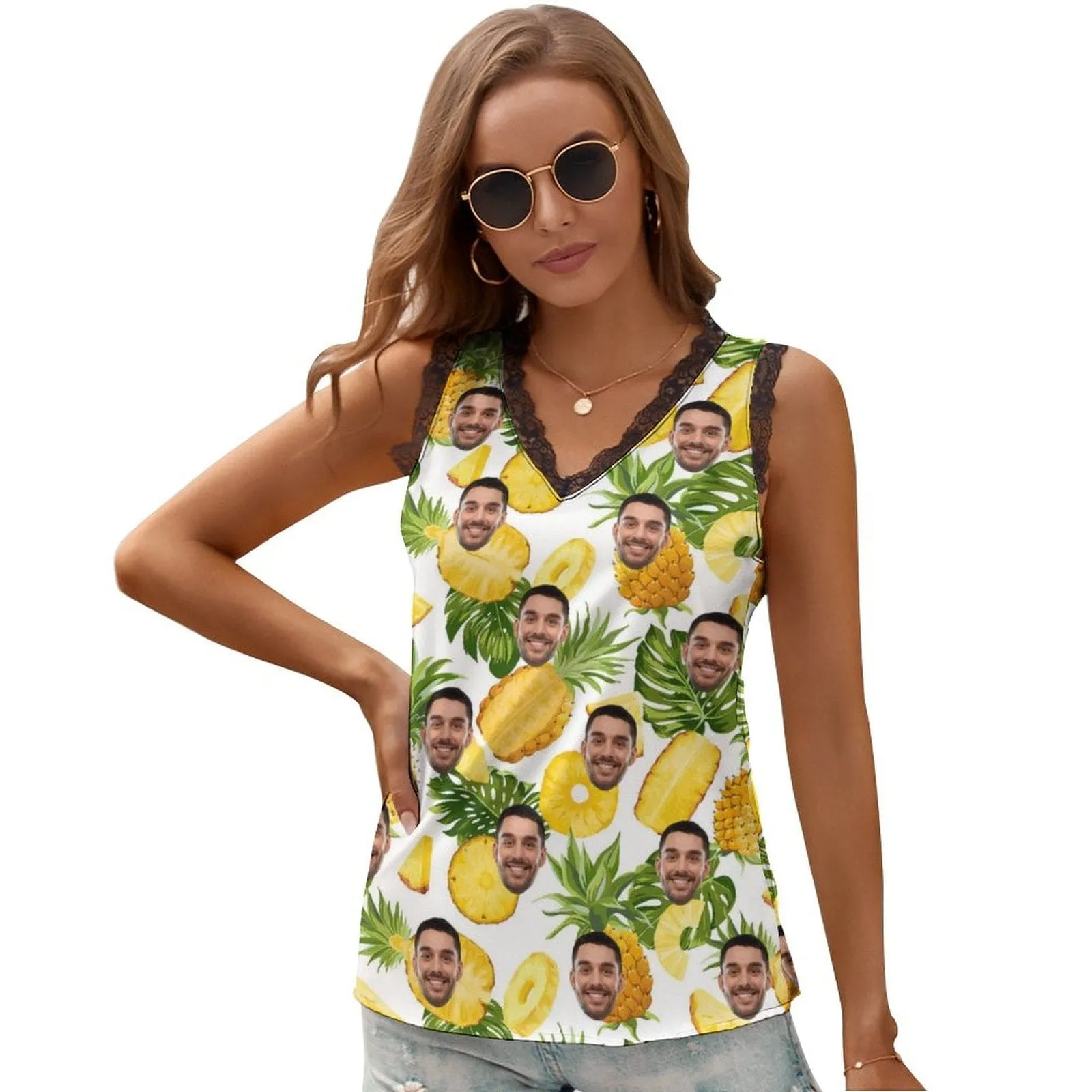 Custom Face Tops Yellow Pineapple Women's V-Neck Sleeveless Tops