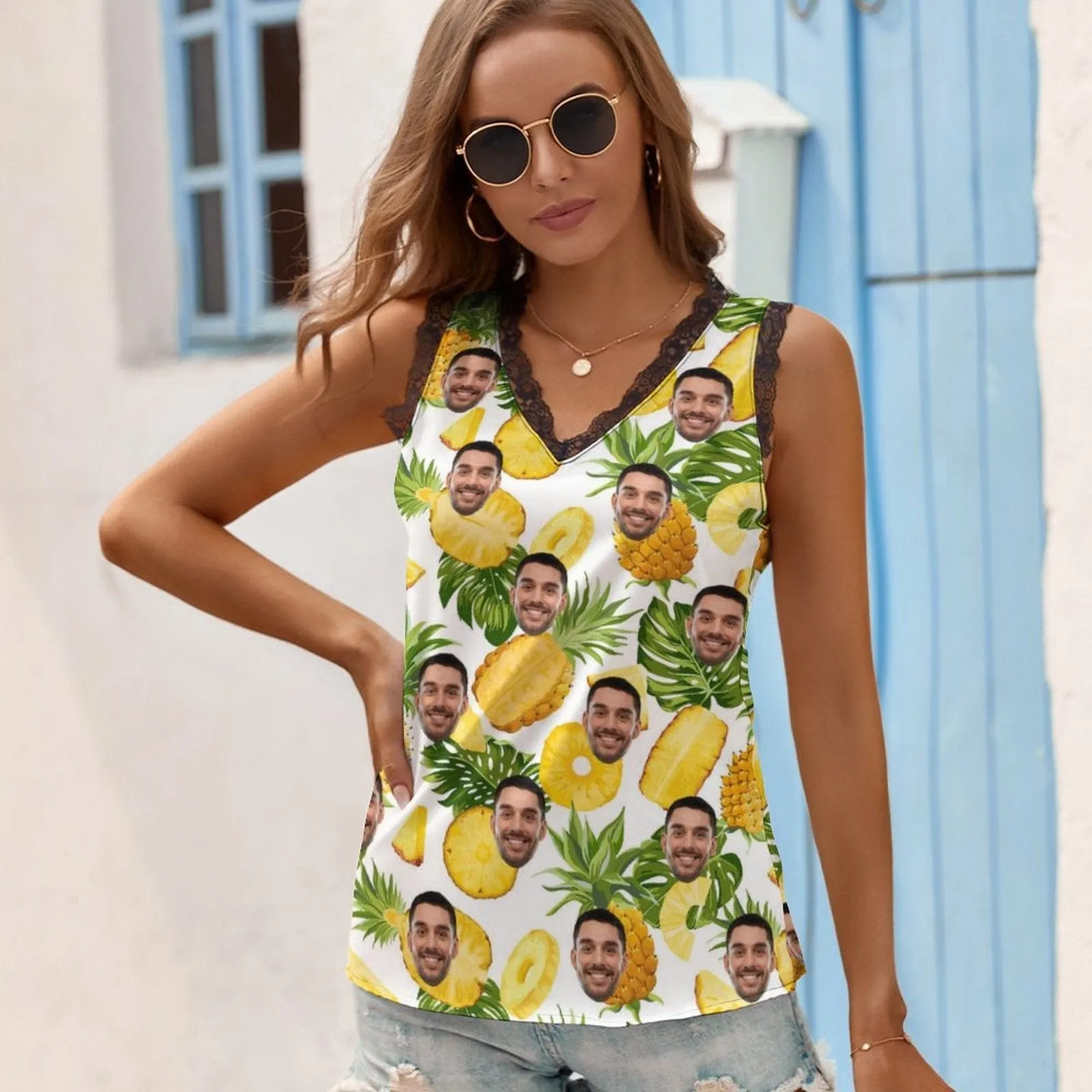 Custom Face Tops Yellow Pineapple Women's V-Neck Sleeveless Tops