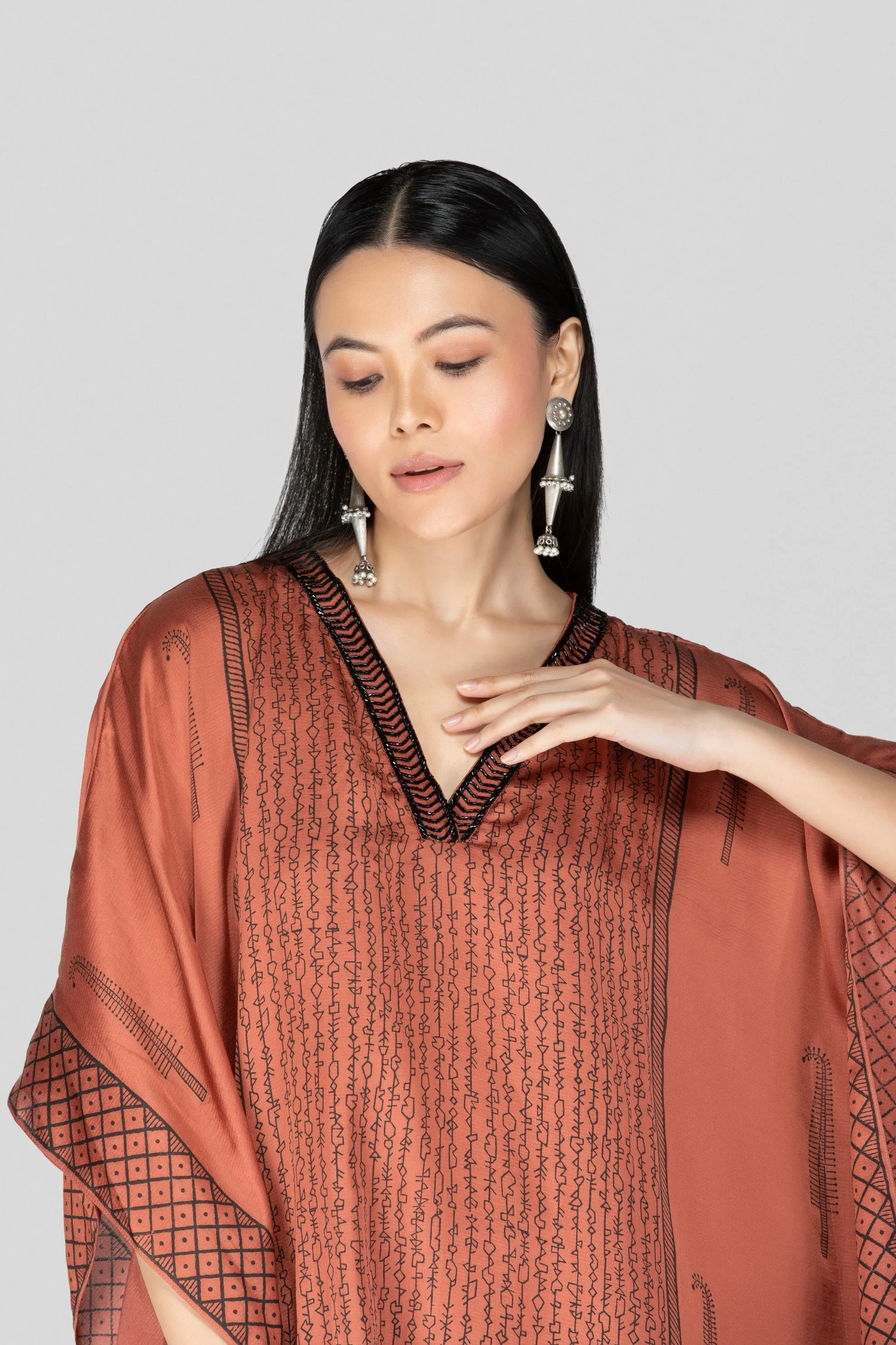 Dark Peach Hand Block Printed Kaftan Set
