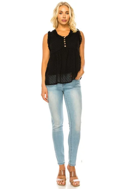 Dotted Swiss Sleeveless Button Trim Top (Online Only/Ships from USA)