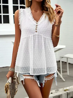 Dotted Swiss Sleeveless Button Trim Top (Online Only/Ships from USA)