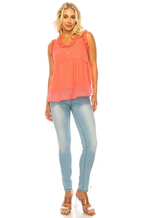 Dotted Swiss Sleeveless Button Trim Top (Online Only/Ships from USA)