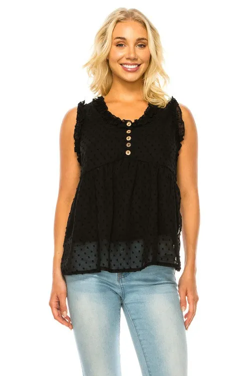 Dotted Swiss Sleeveless Button Trim Top (Online Only/Ships from USA)