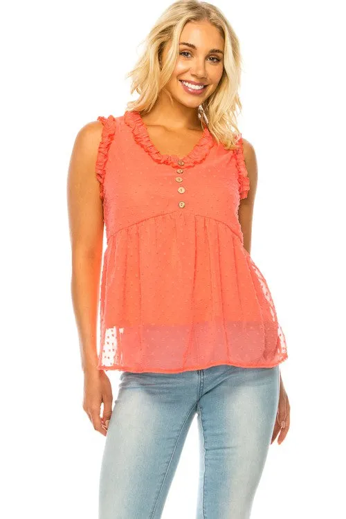 Dotted Swiss Sleeveless Button Trim Top (Online Only/Ships from USA)