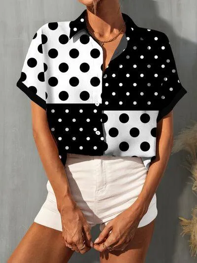 Forever Trendy Button Up Polka Dot Short Sleeve Shirt
