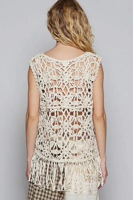 Fringe Round Neck Sleeveless Crochet Knit Cover Up