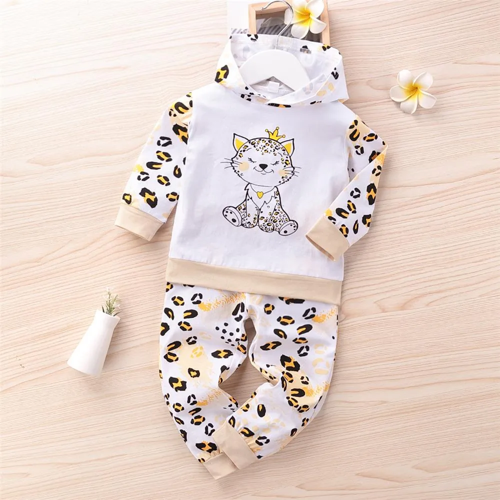 Girls Leopard Kitty Printed Hooded Tops & Bottoms Kids Fashion Wholesale