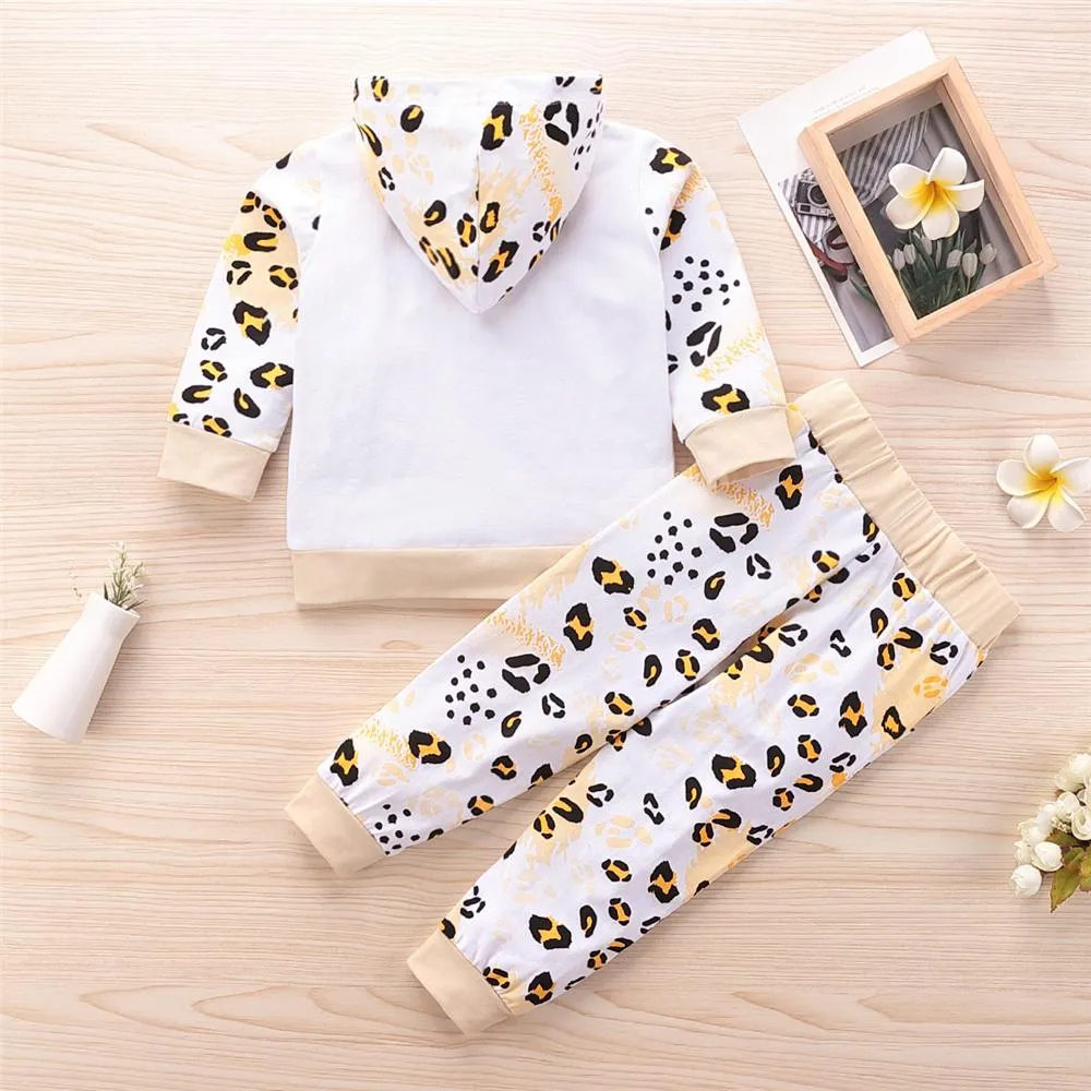 Girls Leopard Kitty Printed Hooded Tops & Bottoms Kids Fashion Wholesale