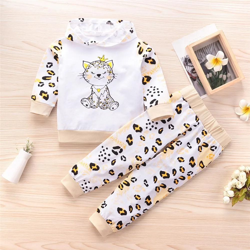 Girls Leopard Kitty Printed Hooded Tops & Bottoms Kids Fashion Wholesale
