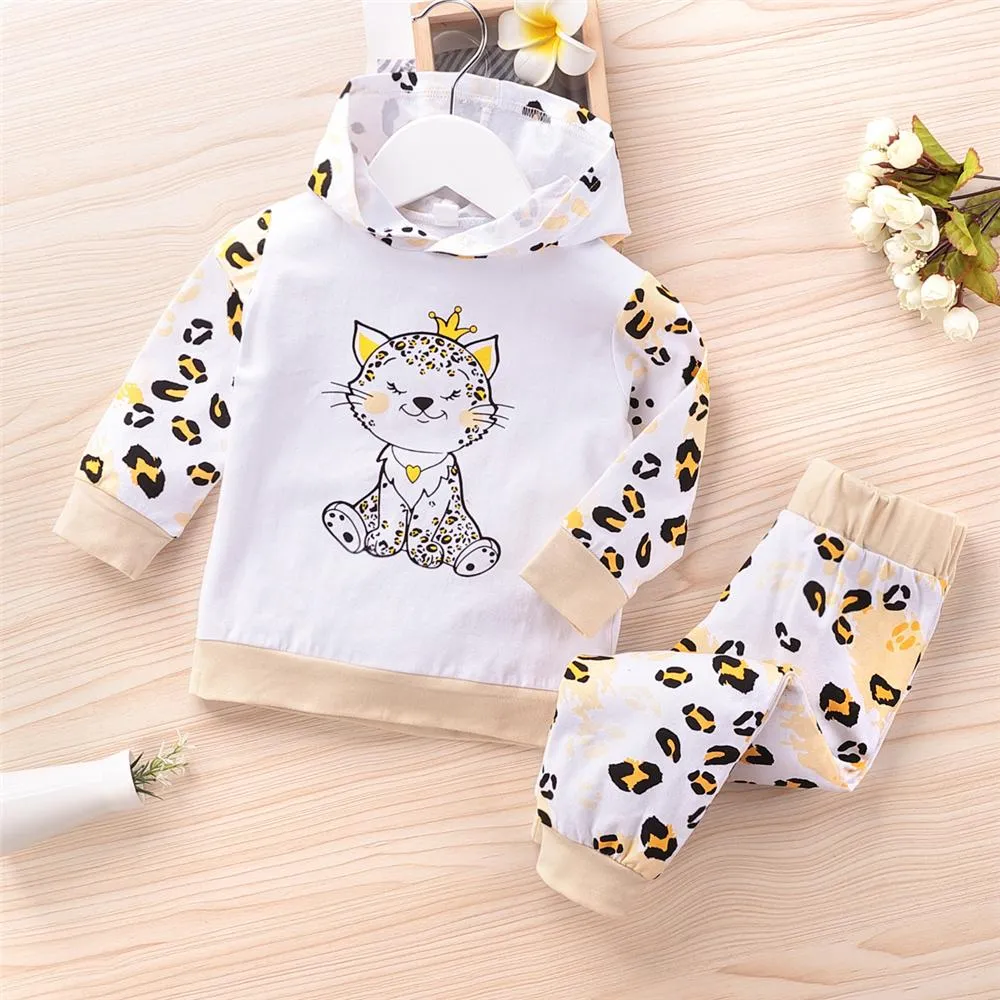 Girls Leopard Kitty Printed Hooded Tops & Bottoms Kids Fashion Wholesale