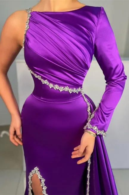 Gorgeous Purple Long A-line Sequined Split Evening Dresses With Long Sleeves