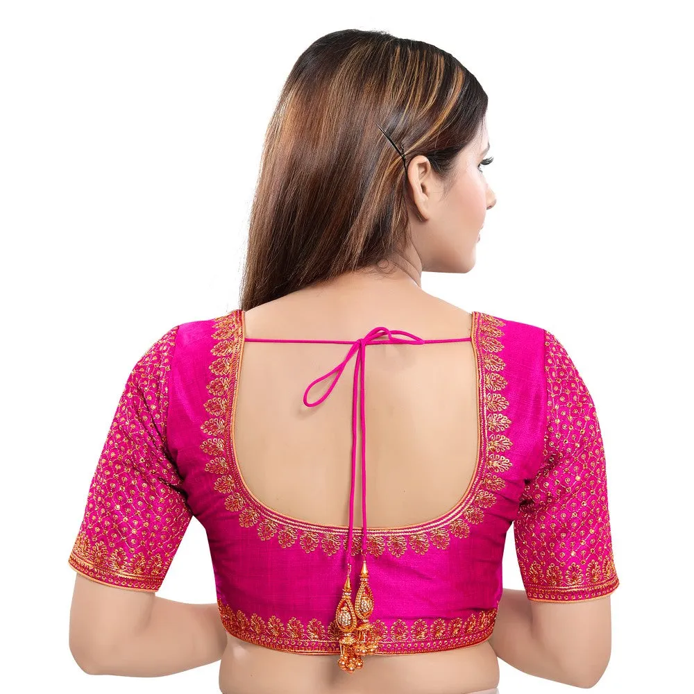 Graceful Dark-Pink Designer Indian Traditional Round Neck Saree Blouse Choli (KP-230ELB-Dark-Pink)