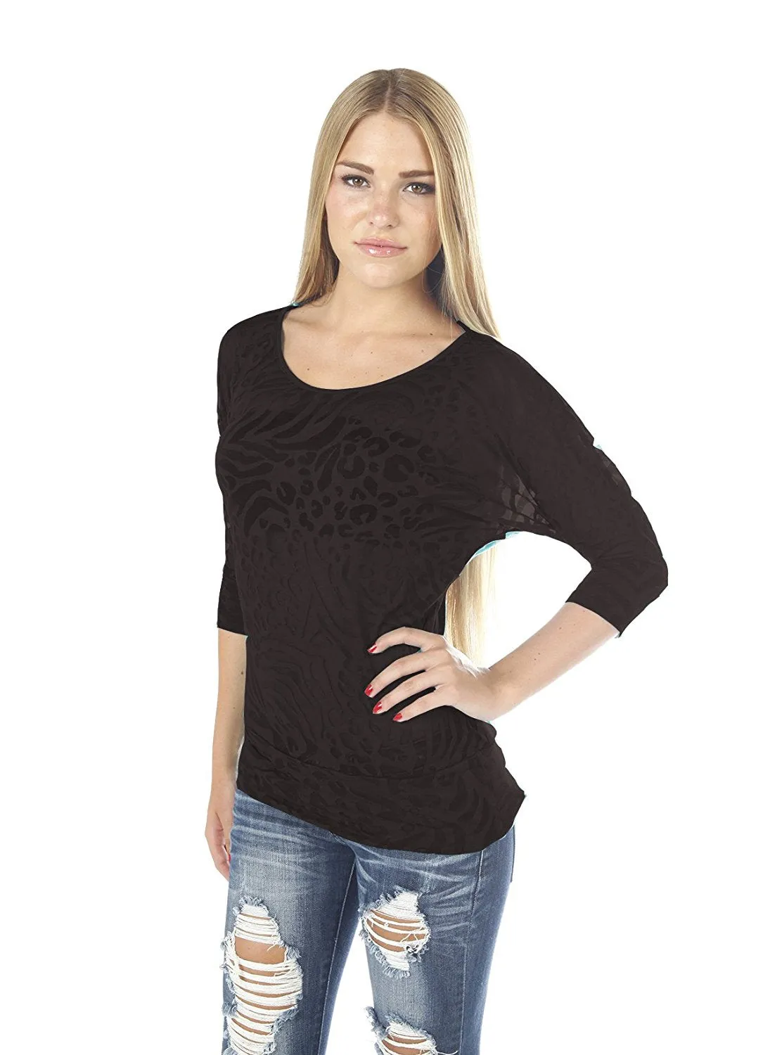 Hollywood Star Fashion Women's Burnout Dolman Sleeve Leopard 3/4 Sleeves Top