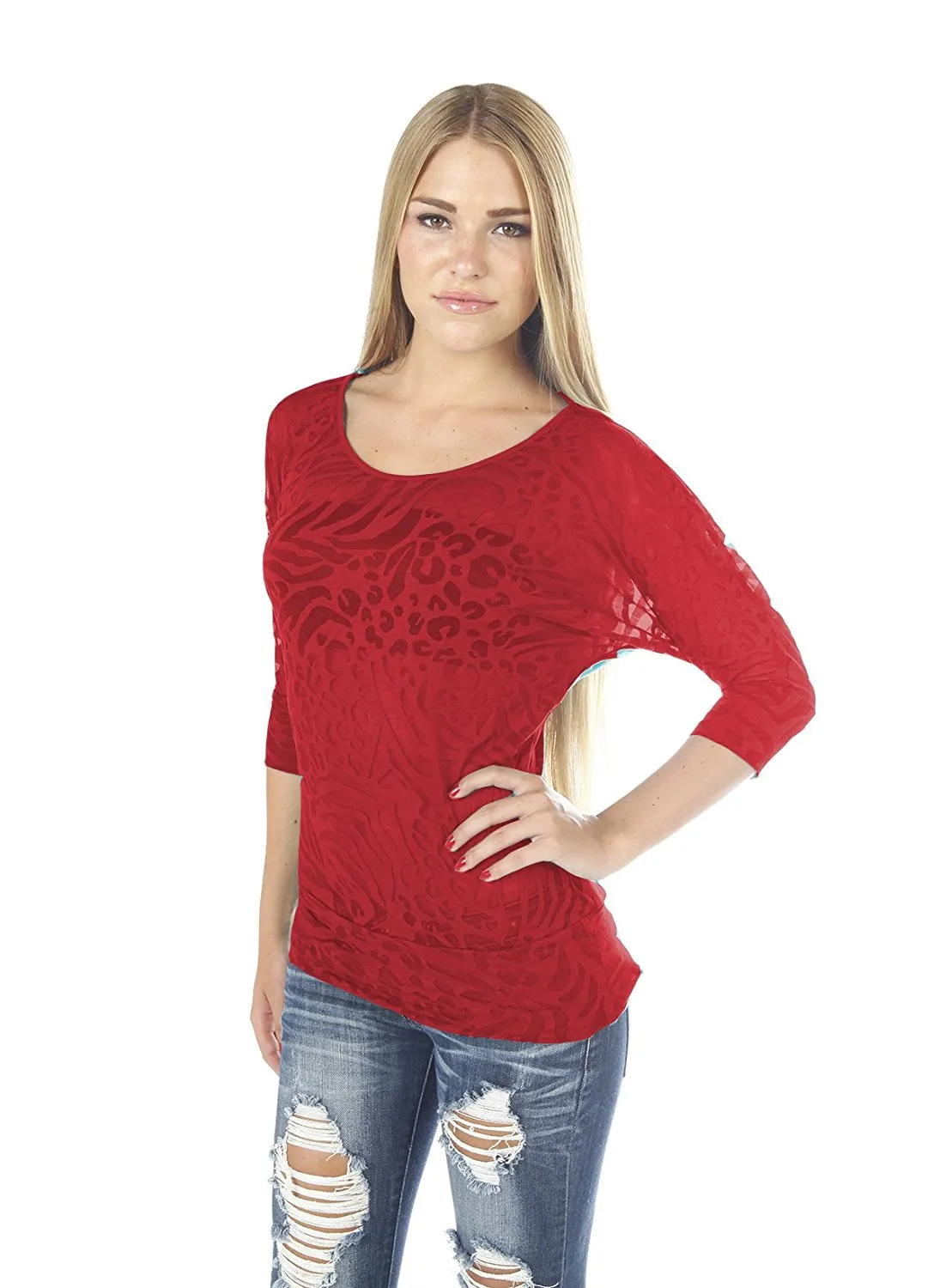 Hollywood Star Fashion Women's Burnout Dolman Sleeve Leopard 3/4 Sleeves Top