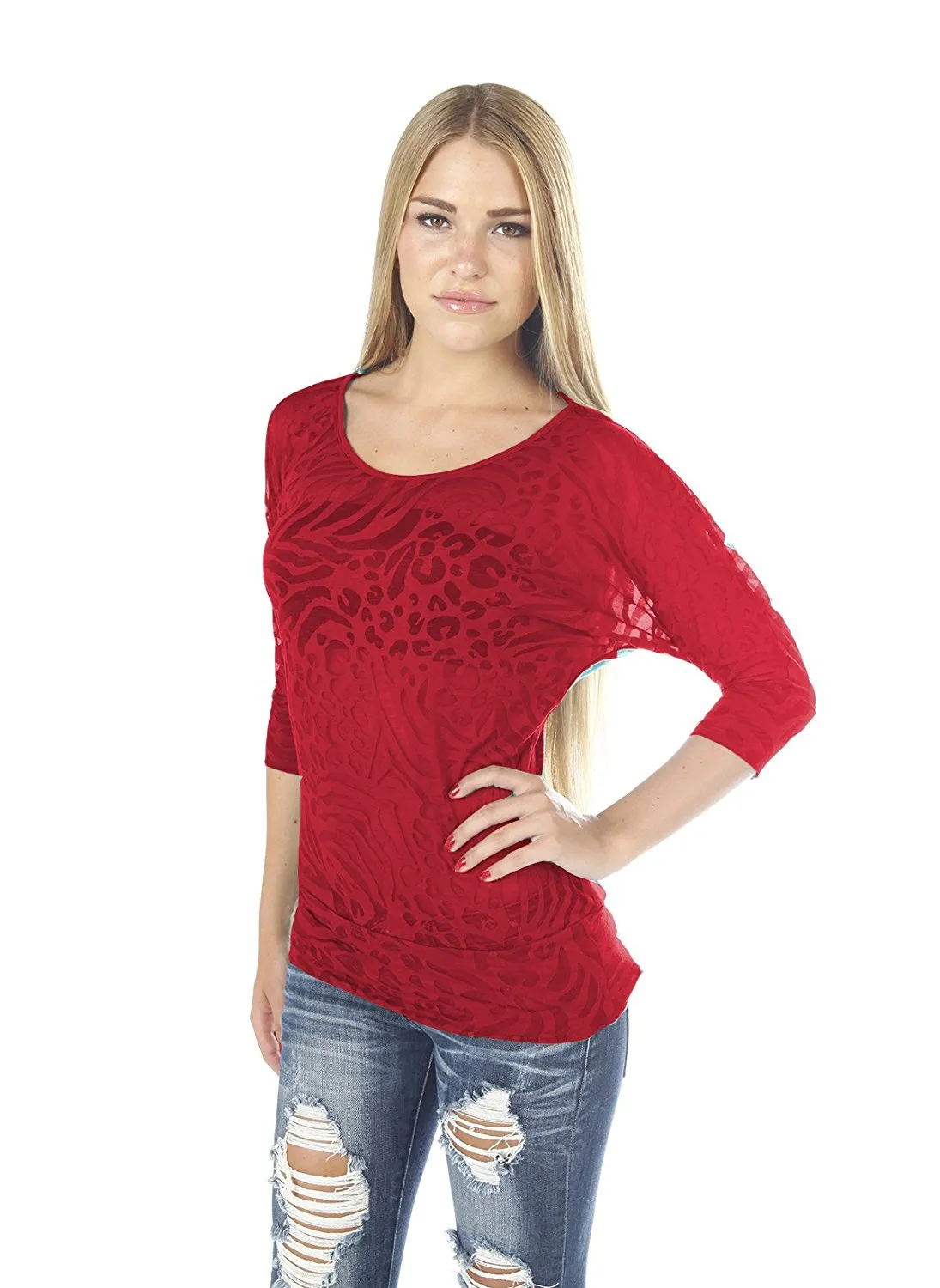 Hollywood Star Fashion Women's Burnout Dolman Sleeve Leopard 3/4 Sleeves Top