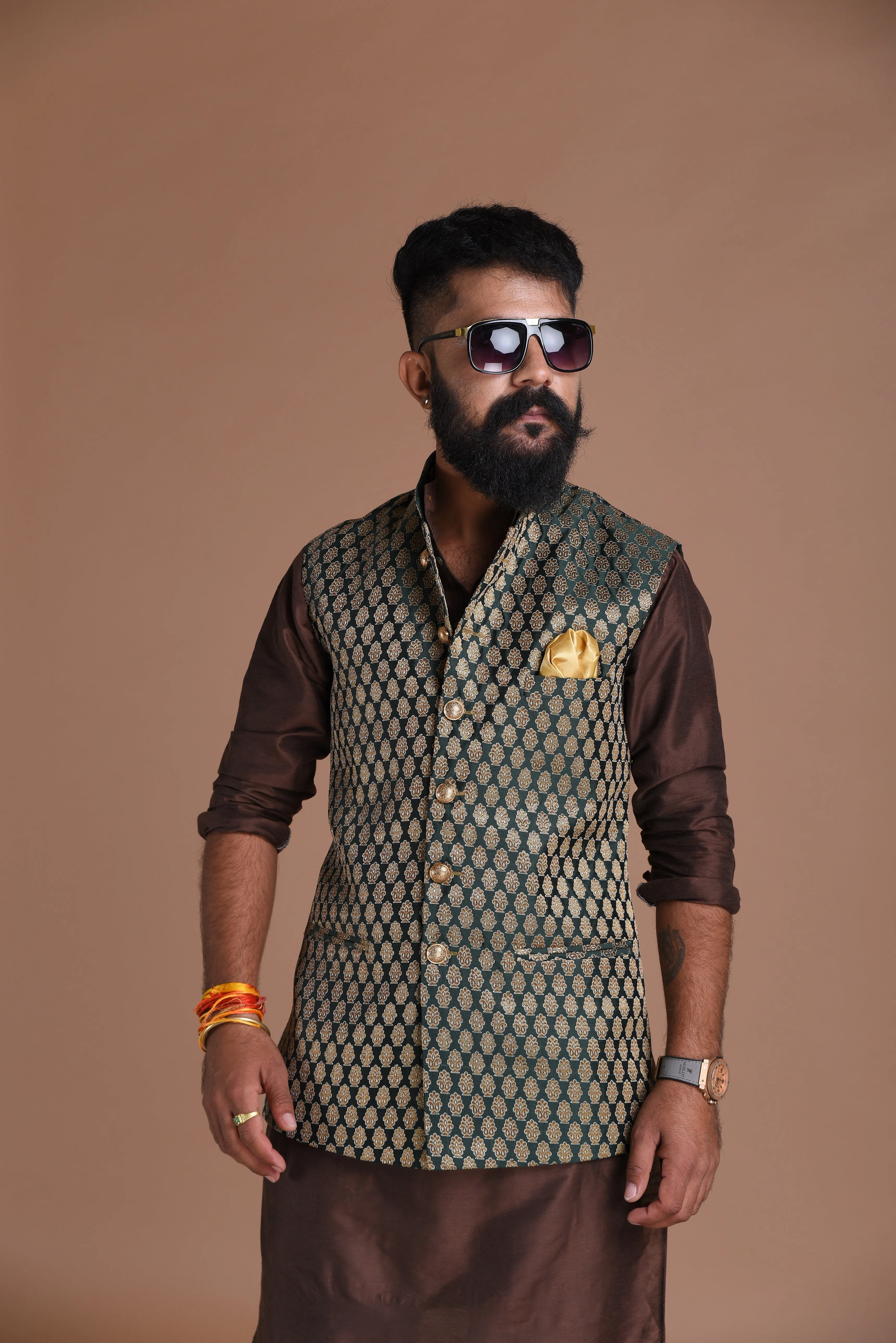 Jaipuri Booti Pattern Dark Green Brocade Silk Jacket with Kurta Pajama Set