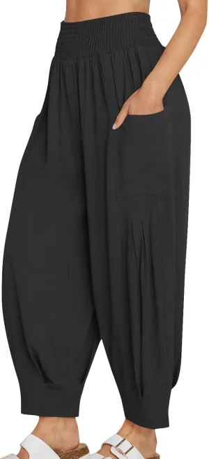 Linen Pants Women High Waisted Wide Leg Pants Summer Trendy Harem Pants Casual Loose Fit Pants Trousers with Pockets