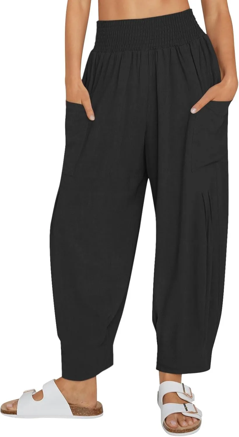 Linen Pants Women High Waisted Wide Leg Pants Summer Trendy Harem Pants Casual Loose Fit Pants Trousers with Pockets