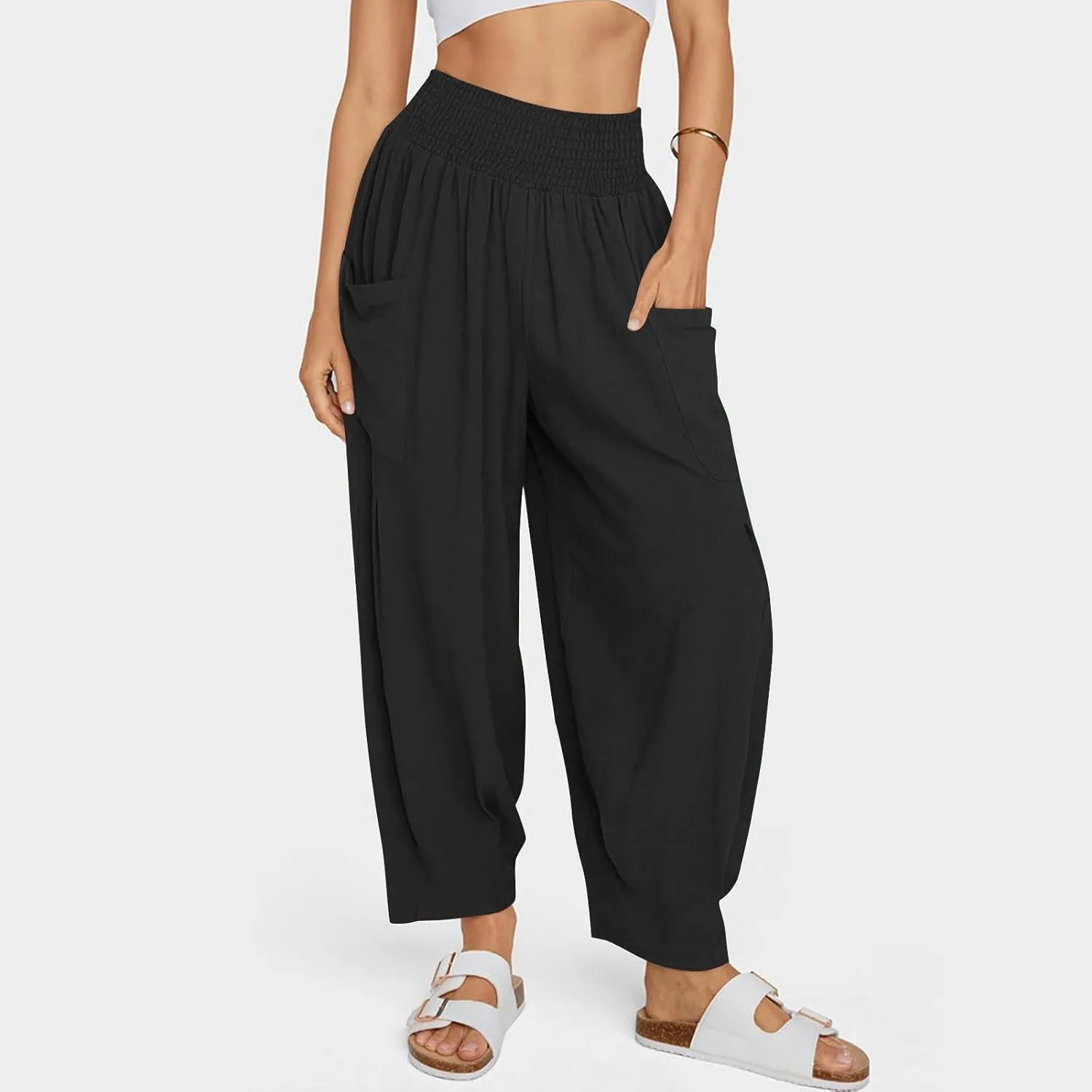 Linen Pants Women High Waisted Wide Leg Pants Summer Trendy Harem Pants Casual Loose Fit Pants Trousers with Pockets