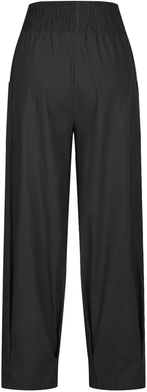 Linen Pants Women High Waisted Wide Leg Pants Summer Trendy Harem Pants Casual Loose Fit Pants Trousers with Pockets