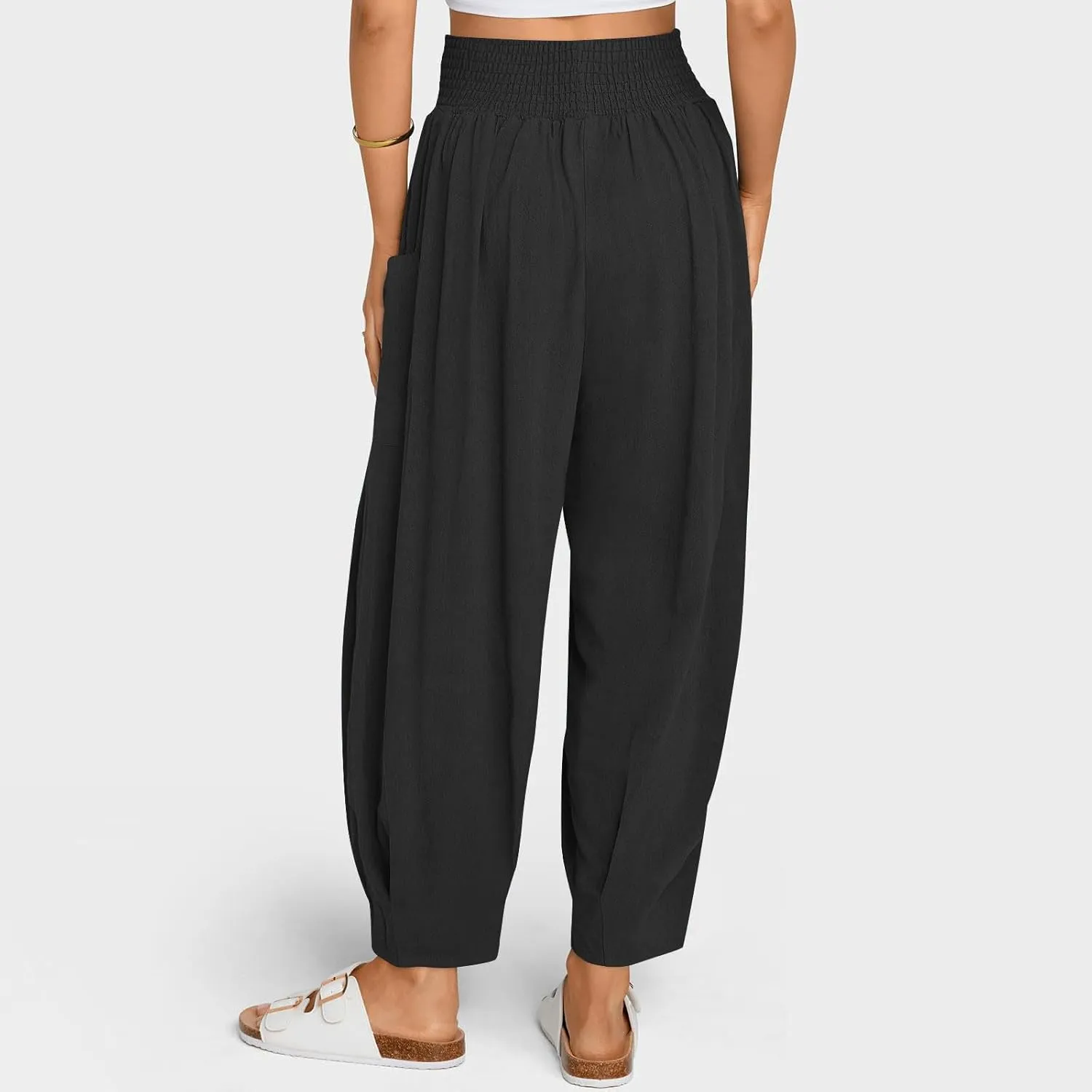 Linen Pants Women High Waisted Wide Leg Pants Summer Trendy Harem Pants Casual Loose Fit Pants Trousers with Pockets
