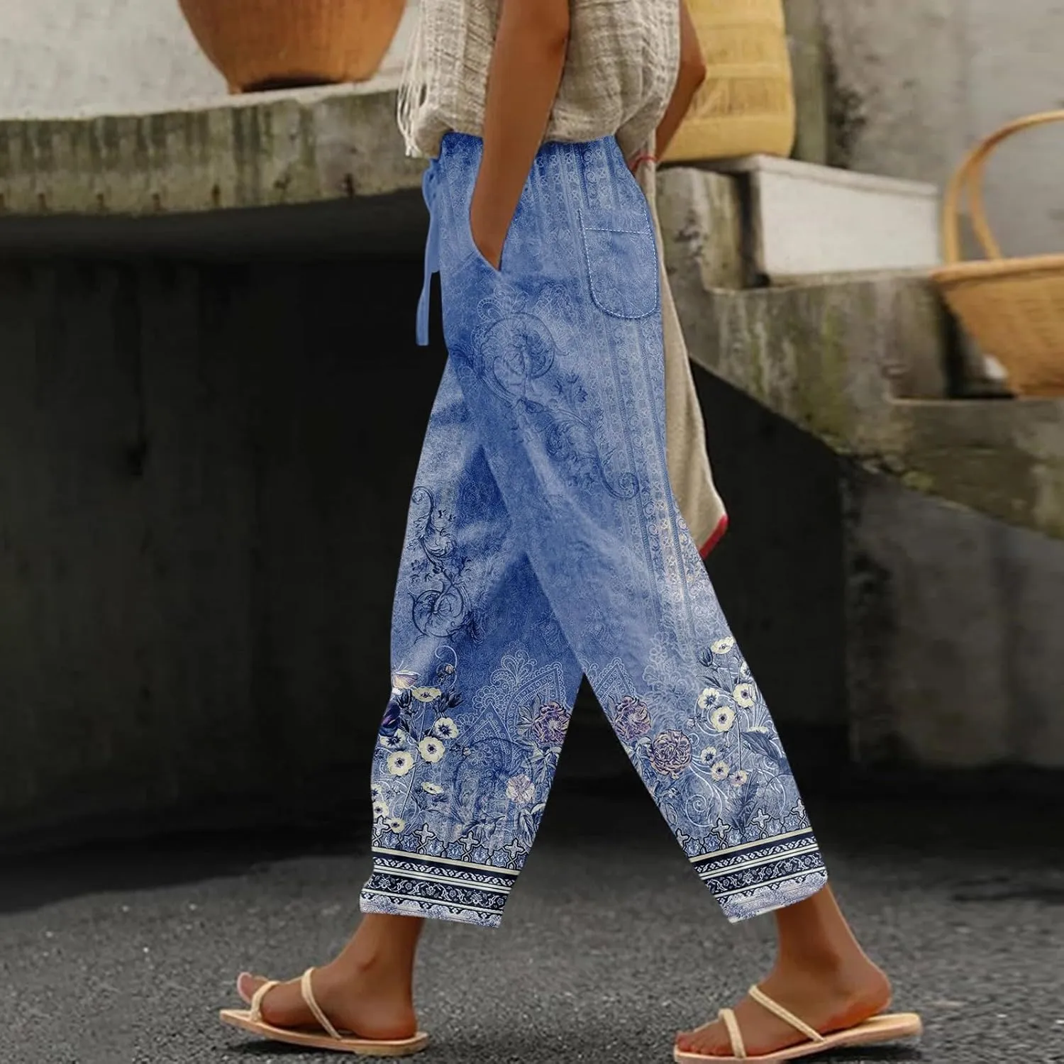 Linen Pants Women Linen Pants Women Women's Linen Blend High Waisted Straight Pants, Soft Elastic Waistband