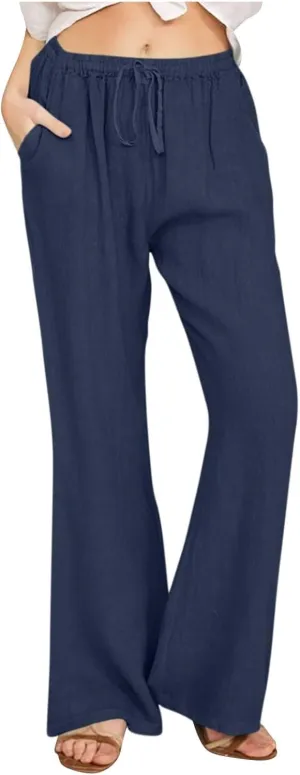 Linen Pants Women Plus Size Summer Straight Dress Drawstring Pants for Women Relaxed Fit Trousers Vacation Outfits