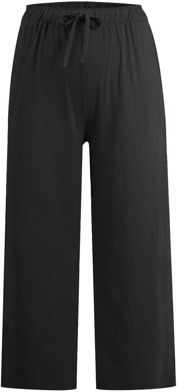 Linen Pants Women Summer Cotton Linen Capris 2025 Wide Leg Boho Pants Drawstring Vacation Beach Cropped Trouser Capris