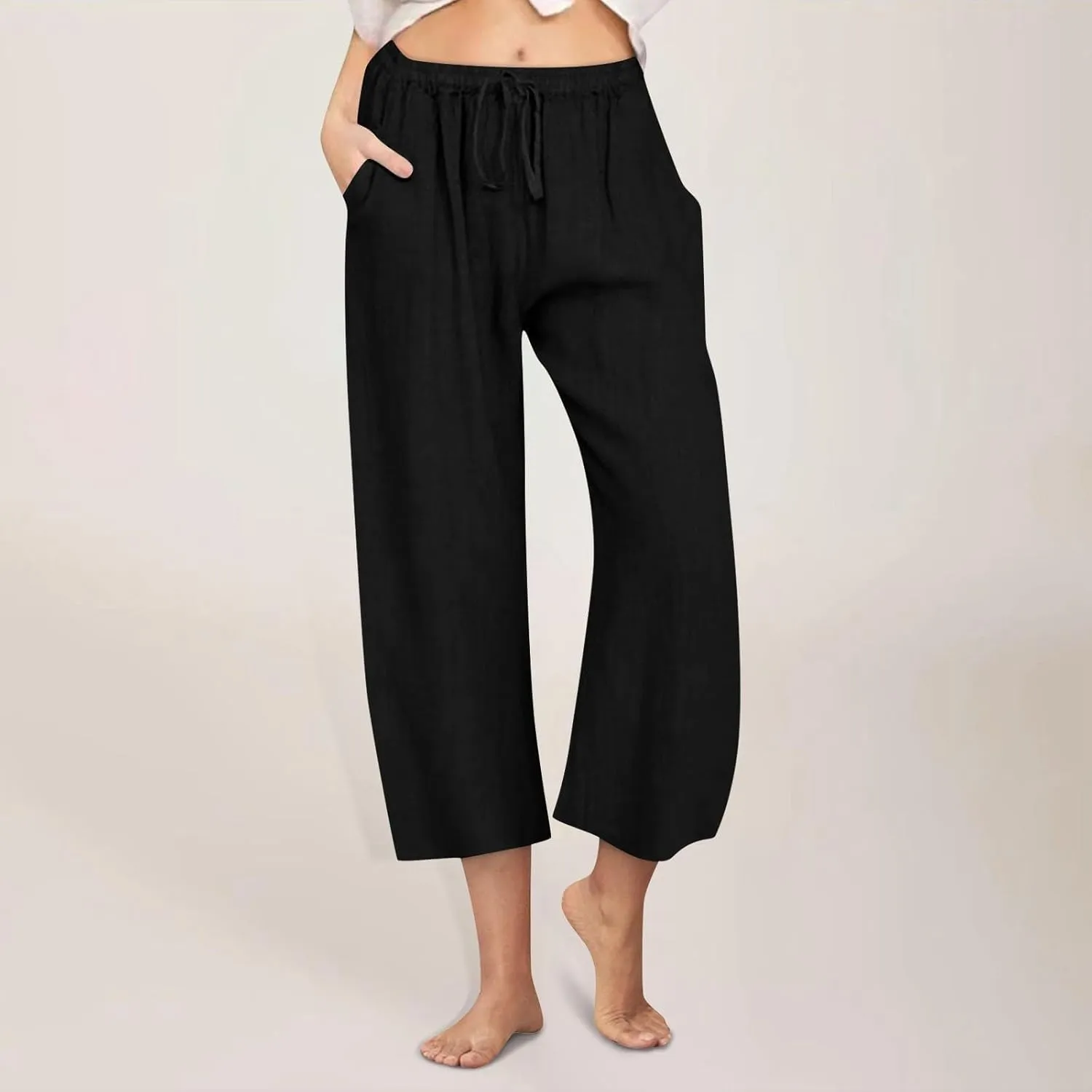 Linen Pants Women Summer Cotton Linen Capris 2025 Wide Leg Boho Pants Drawstring Vacation Beach Cropped Trouser Capris