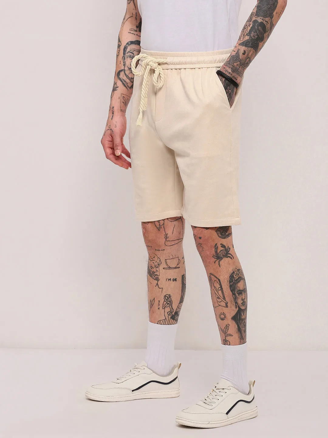 Men Beige Solid Relaxed Fit Shorts