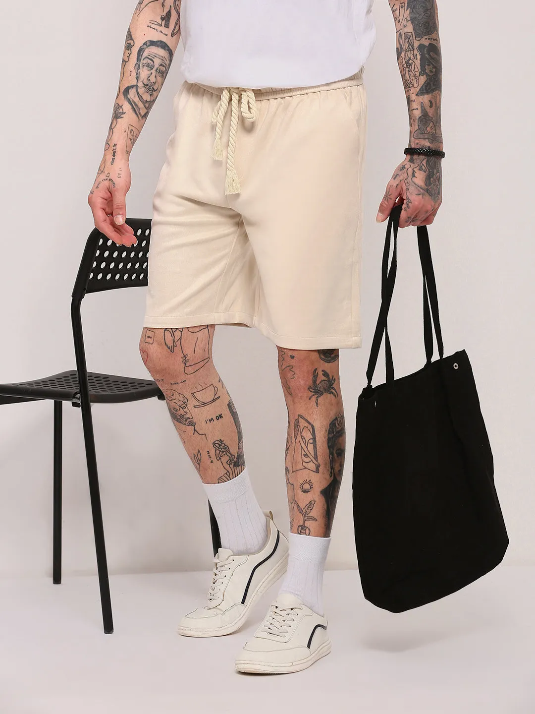 Men Beige Solid Relaxed Fit Shorts