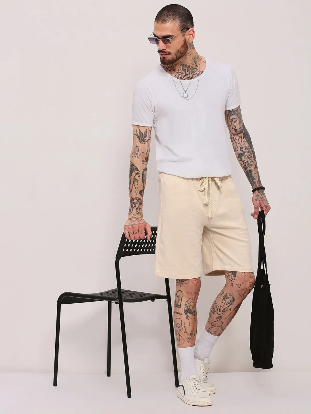 Men Beige Solid Relaxed Fit Shorts