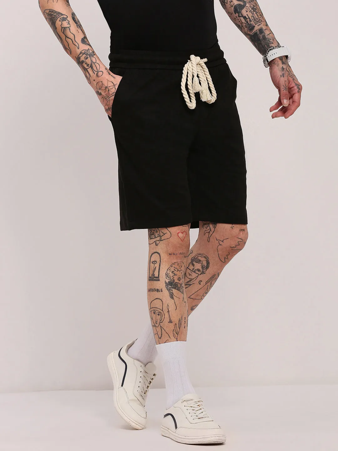 Men Black Relaxed Fit Cotton Shorts