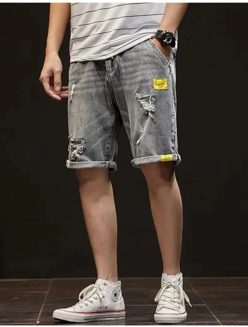 Men's Denim Destructed Shorts Summer Thin Style Trendy Loose Fit Casual Outerwear Streetwear Cool Versatile Mid Waist Shorts