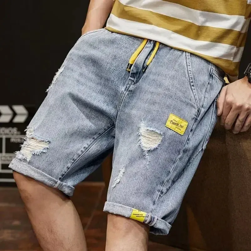 Men's Denim Destructed Shorts Summer Thin Style Trendy Loose Fit Casual Outerwear Streetwear Cool Versatile Mid Waist Shorts