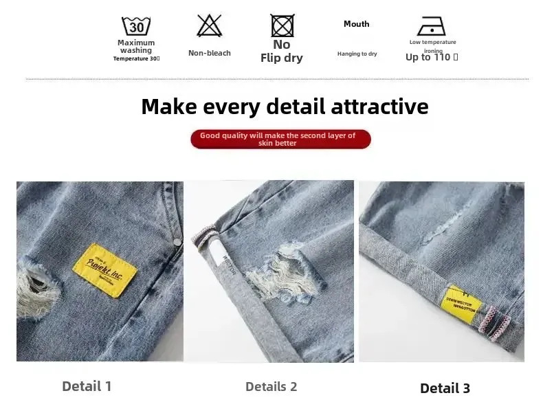 Men's Denim Destructed Shorts Summer Thin Style Trendy Loose Fit Casual Outerwear Streetwear Cool Versatile Mid Waist Shorts