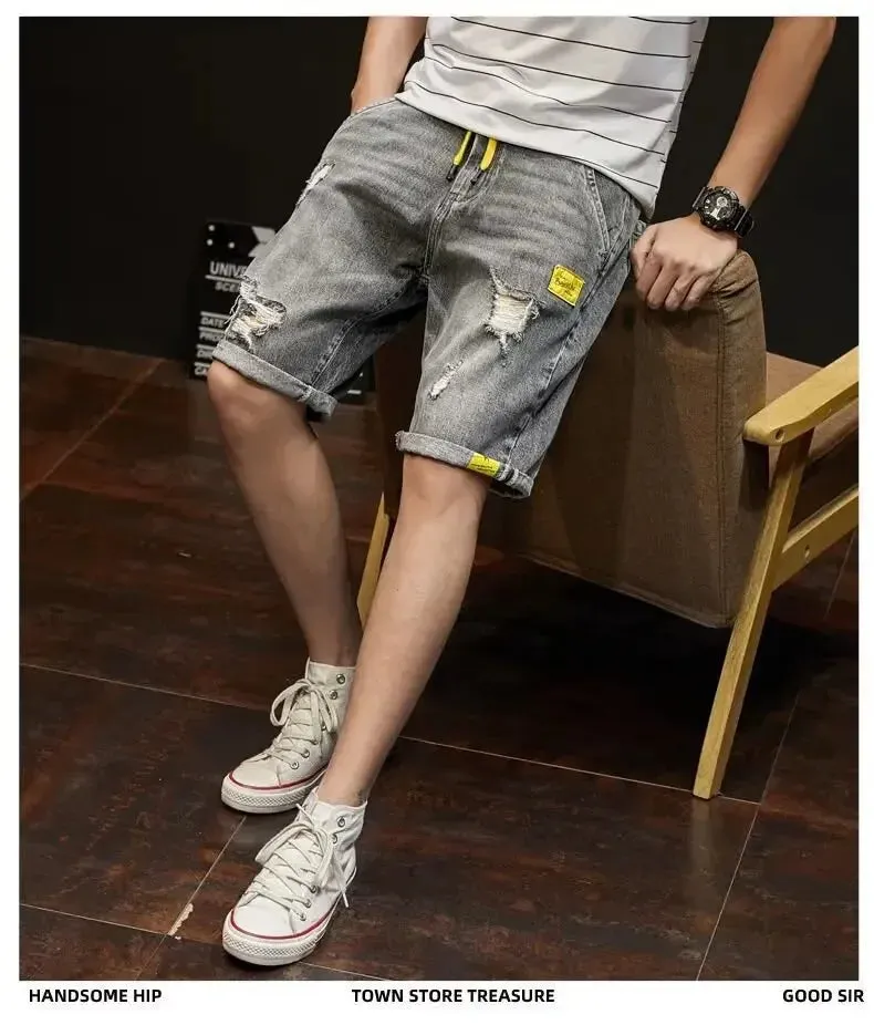Men's Denim Destructed Shorts Summer Thin Style Trendy Loose Fit Casual Outerwear Streetwear Cool Versatile Mid Waist Shorts