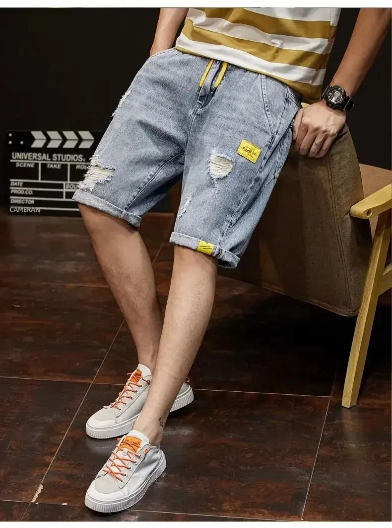Men's Denim Destructed Shorts Summer Thin Style Trendy Loose Fit Casual Outerwear Streetwear Cool Versatile Mid Waist Shorts