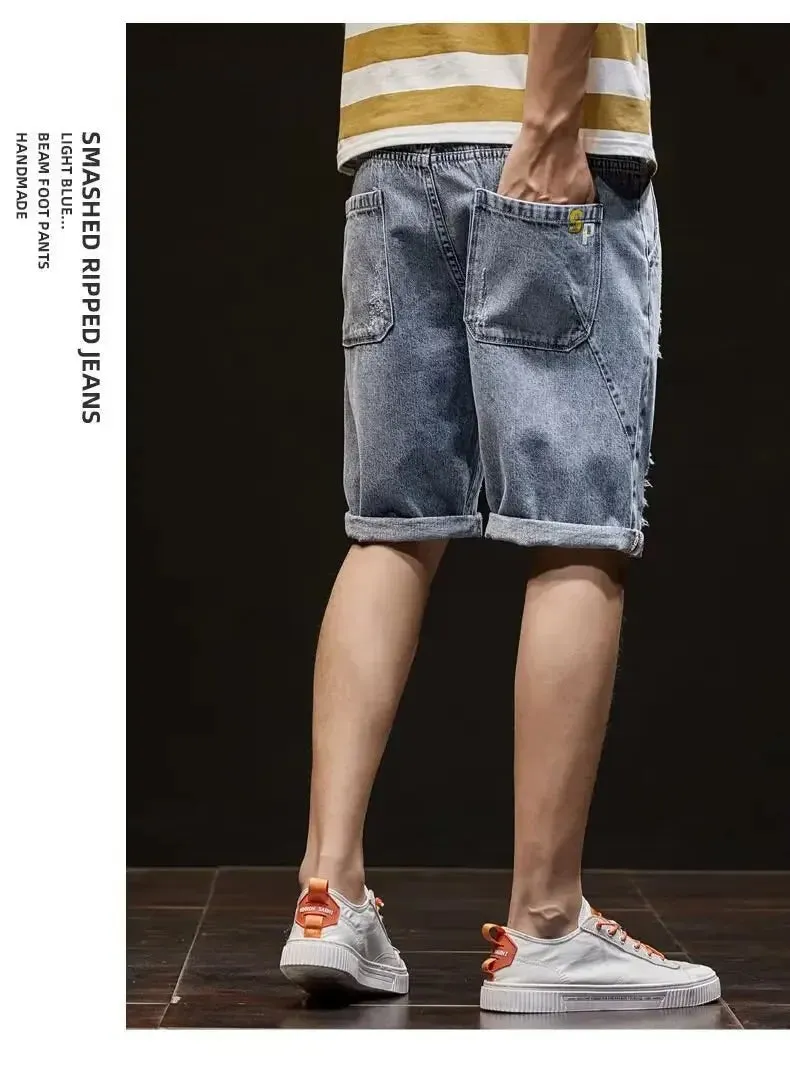 Men's Denim Destructed Shorts Summer Thin Style Trendy Loose Fit Casual Outerwear Streetwear Cool Versatile Mid Waist Shorts
