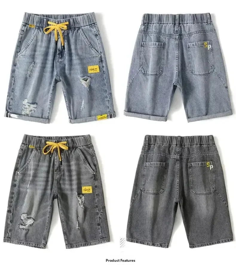 Men's Denim Destructed Shorts Summer Thin Style Trendy Loose Fit Casual Outerwear Streetwear Cool Versatile Mid Waist Shorts