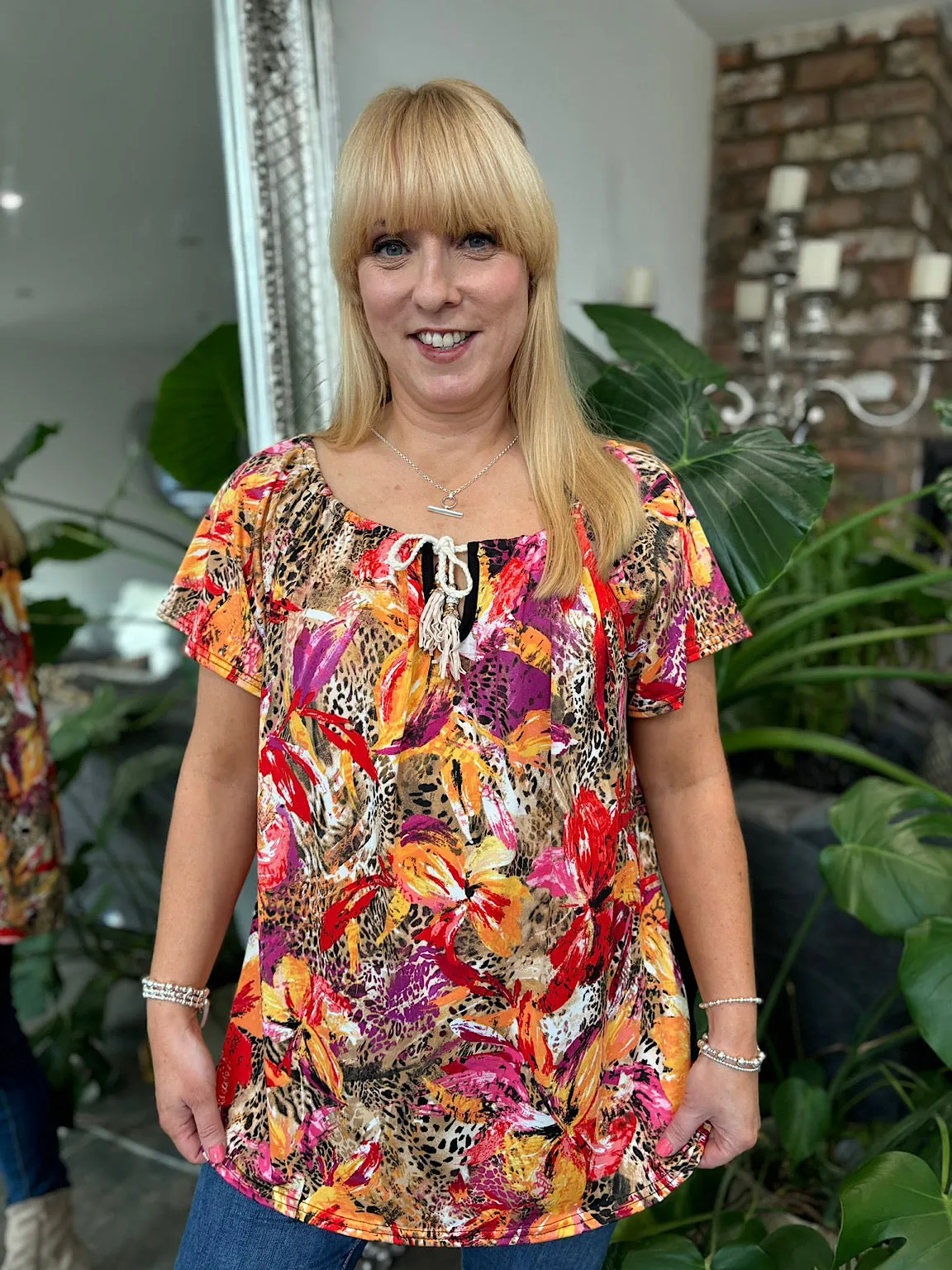 Multicolour Vibrant Animal Floral Bardot Top Emma