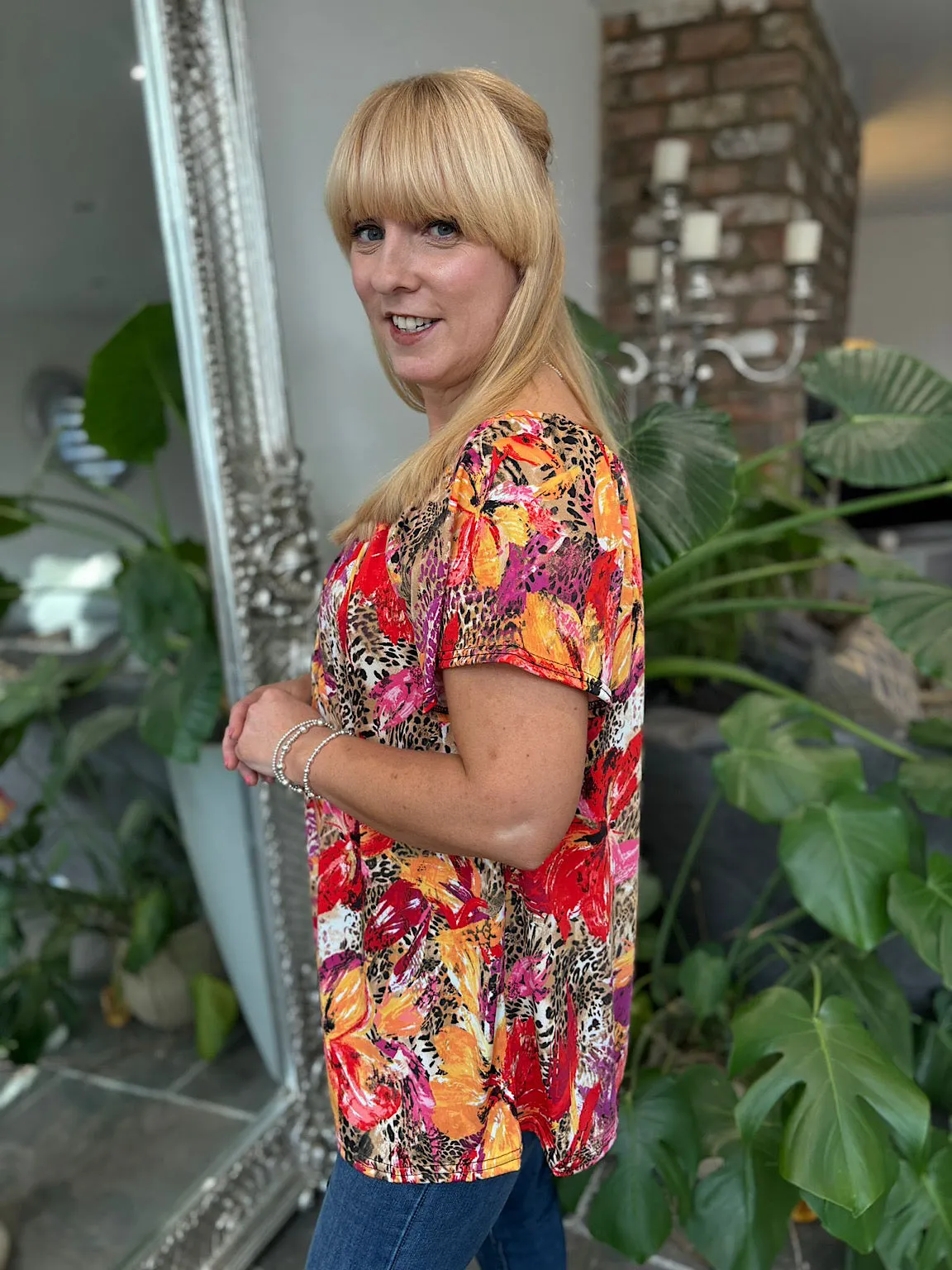 Multicolour Vibrant Animal Floral Bardot Top Emma