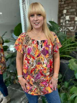 Multicolour Vibrant Animal Floral Bardot Top Emma