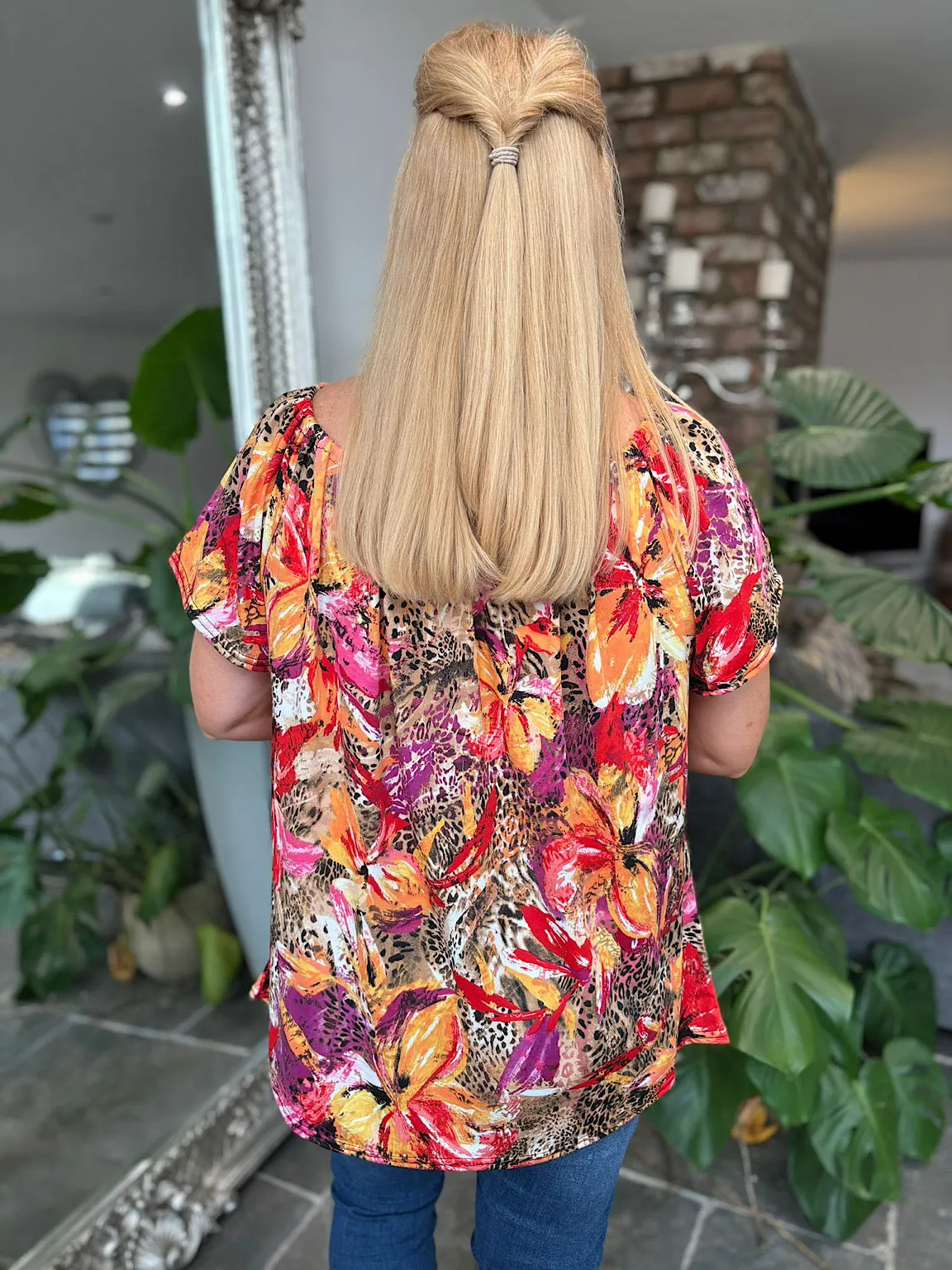 Multicolour Vibrant Animal Floral Bardot Top Emma