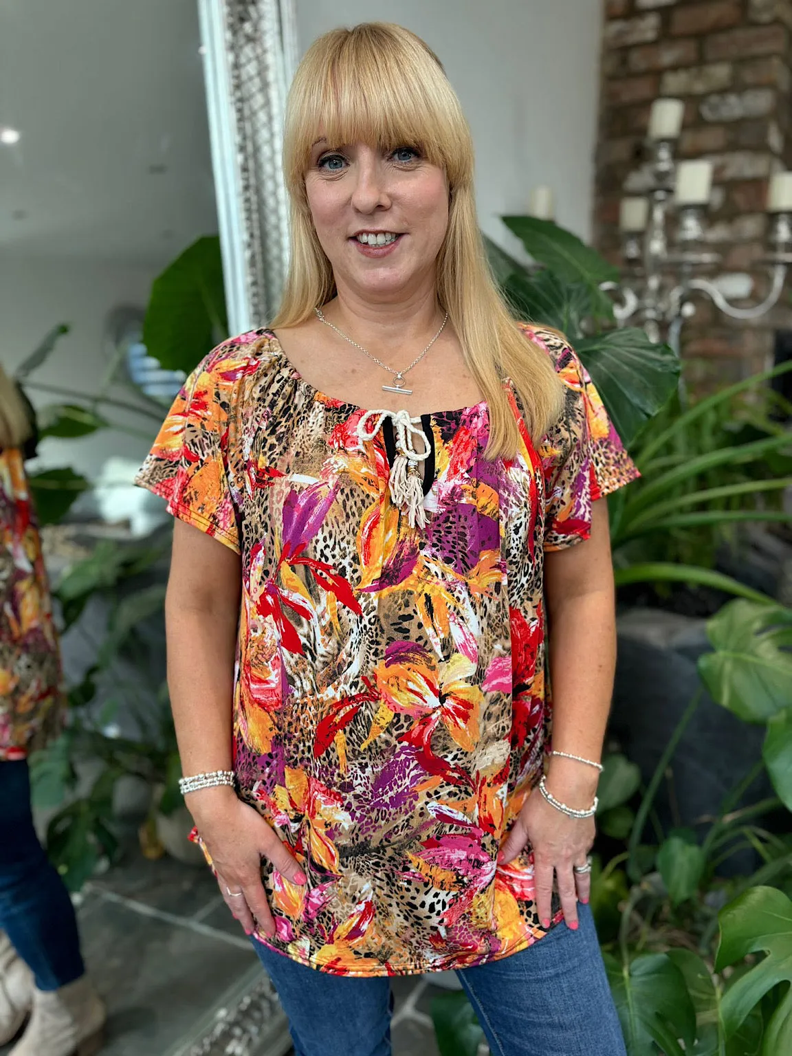 Multicolour Vibrant Animal Floral Bardot Top Emma