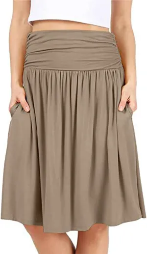 Oplxuo Plus Size Skirts for Women Knee Length Flowy Ruched High Waisted Flowy Midi Skirt